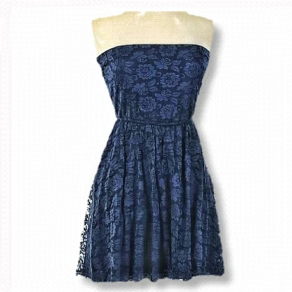 HOLLISTER Lace Strapless Tube Short Dress in Navy Blue • S Small
